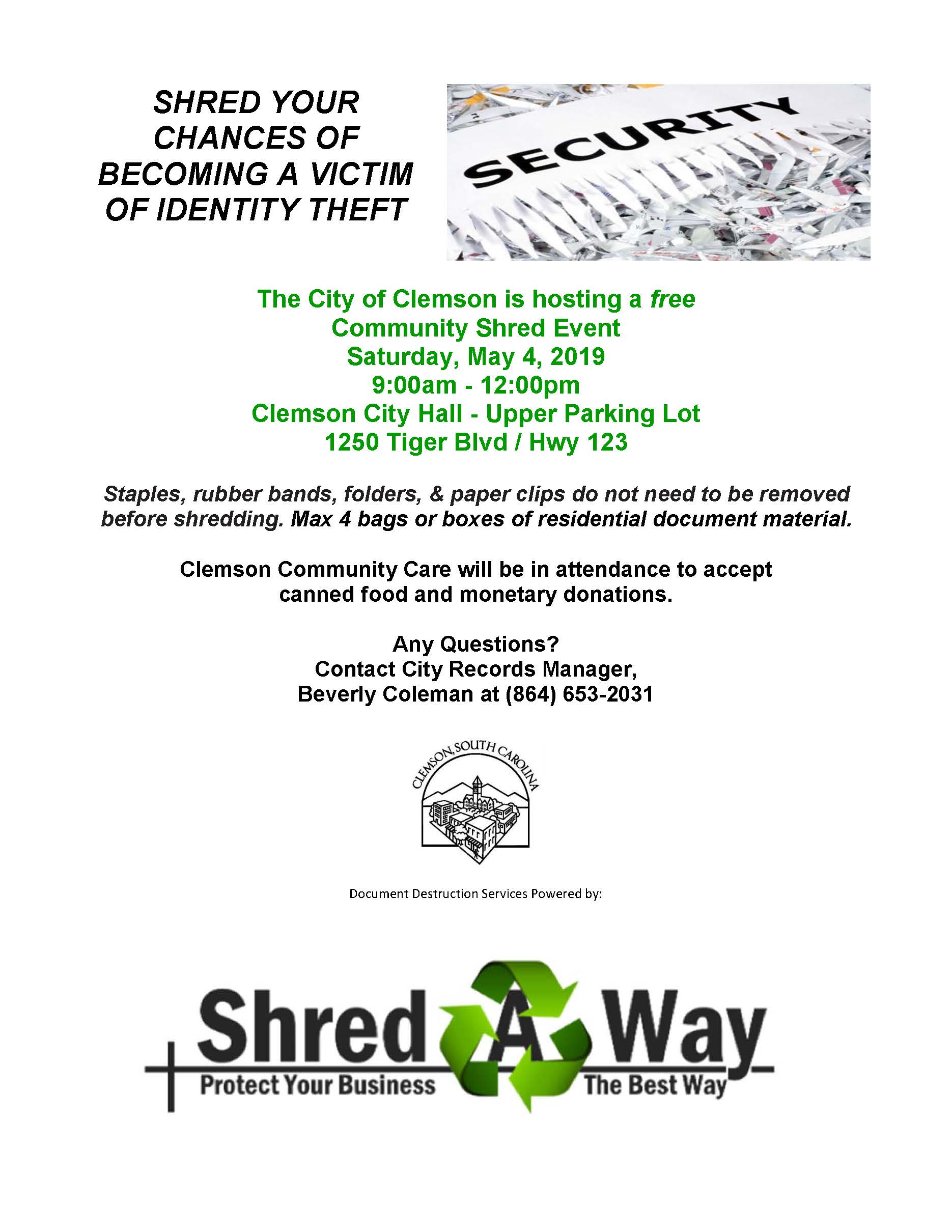 Shred Day May 4th, 2019; Clemson City Hall Upper Parking Lot, 9am to 12pm