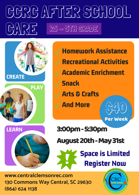 CCRC After School Care August 20th - May 31st, 3pm to 5:30pm, $40 per week