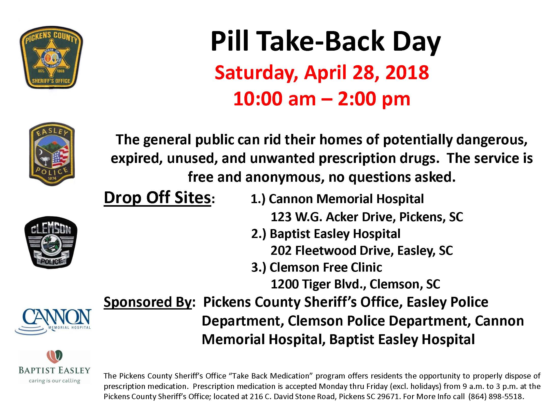 Pill Take Back Day April 28th, 2018 10am to 2pm Clemson Free Clinic