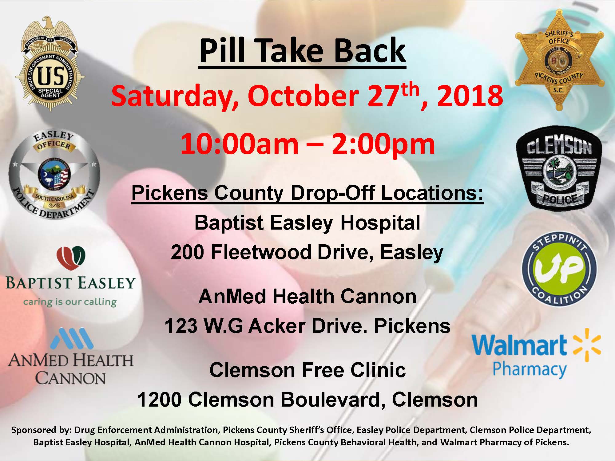 Pill Take Back Day Locations Saturday, October 27th, 10am to 2pm