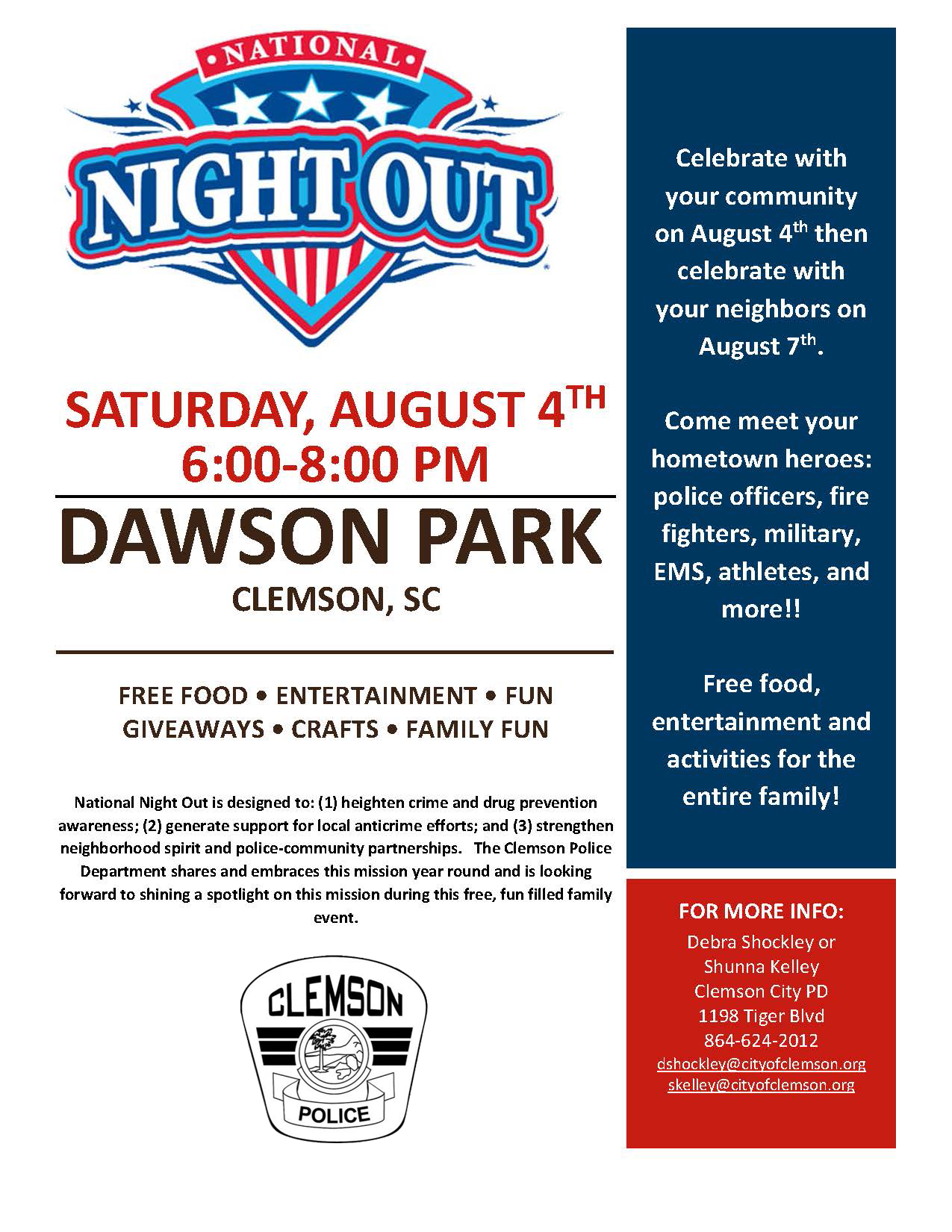 National Night Out, August 4th, 2018, 6pm to 8pm, Dawson Park