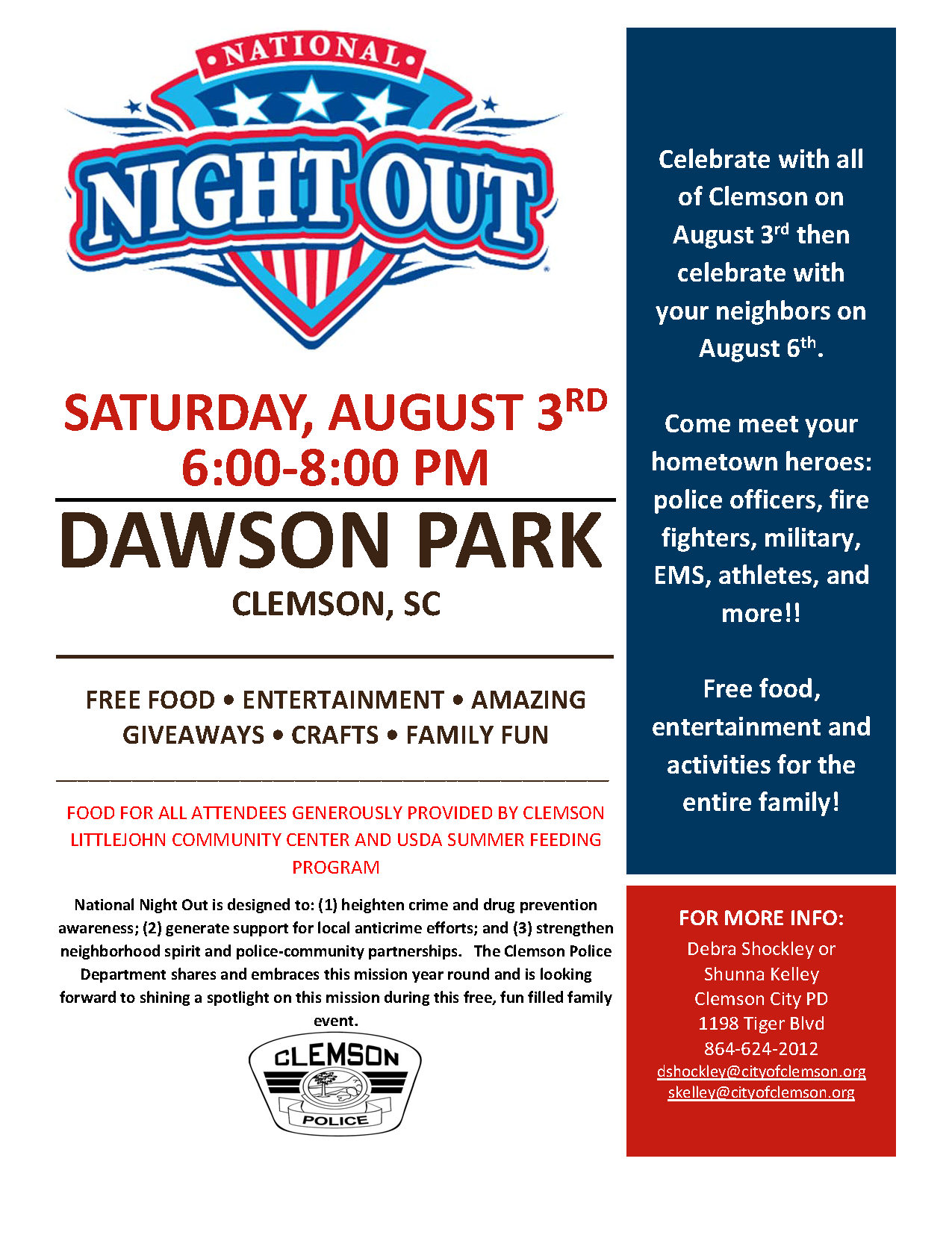 National Night Out August 3rd, 2019, 6pm to 8pm, Dawson Park