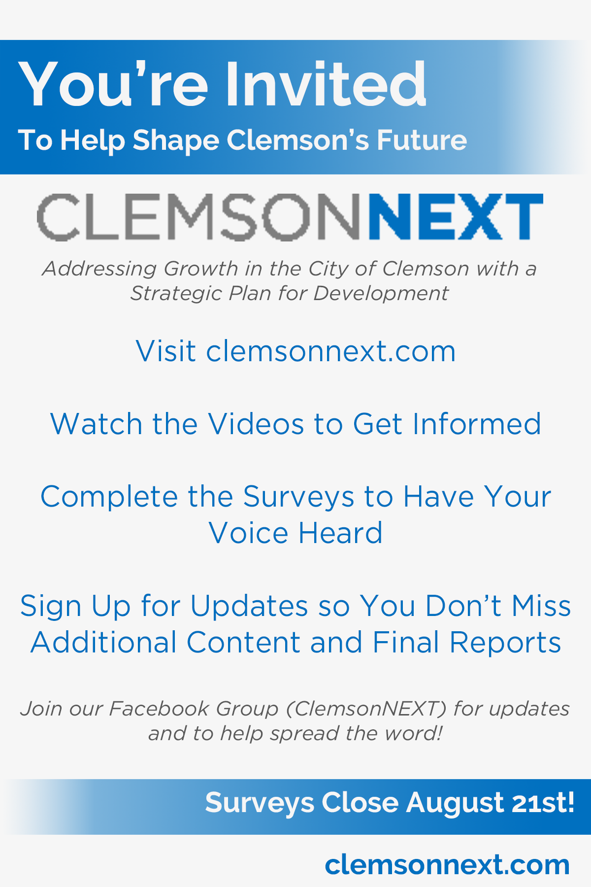 Invitation - ClemsonNEXT - surveys close August 21st