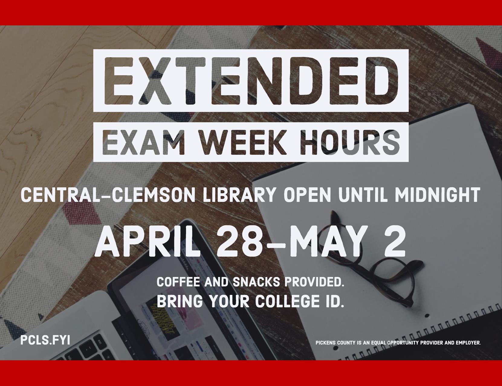extended exam week hours, central clemson library open until midnight for college students