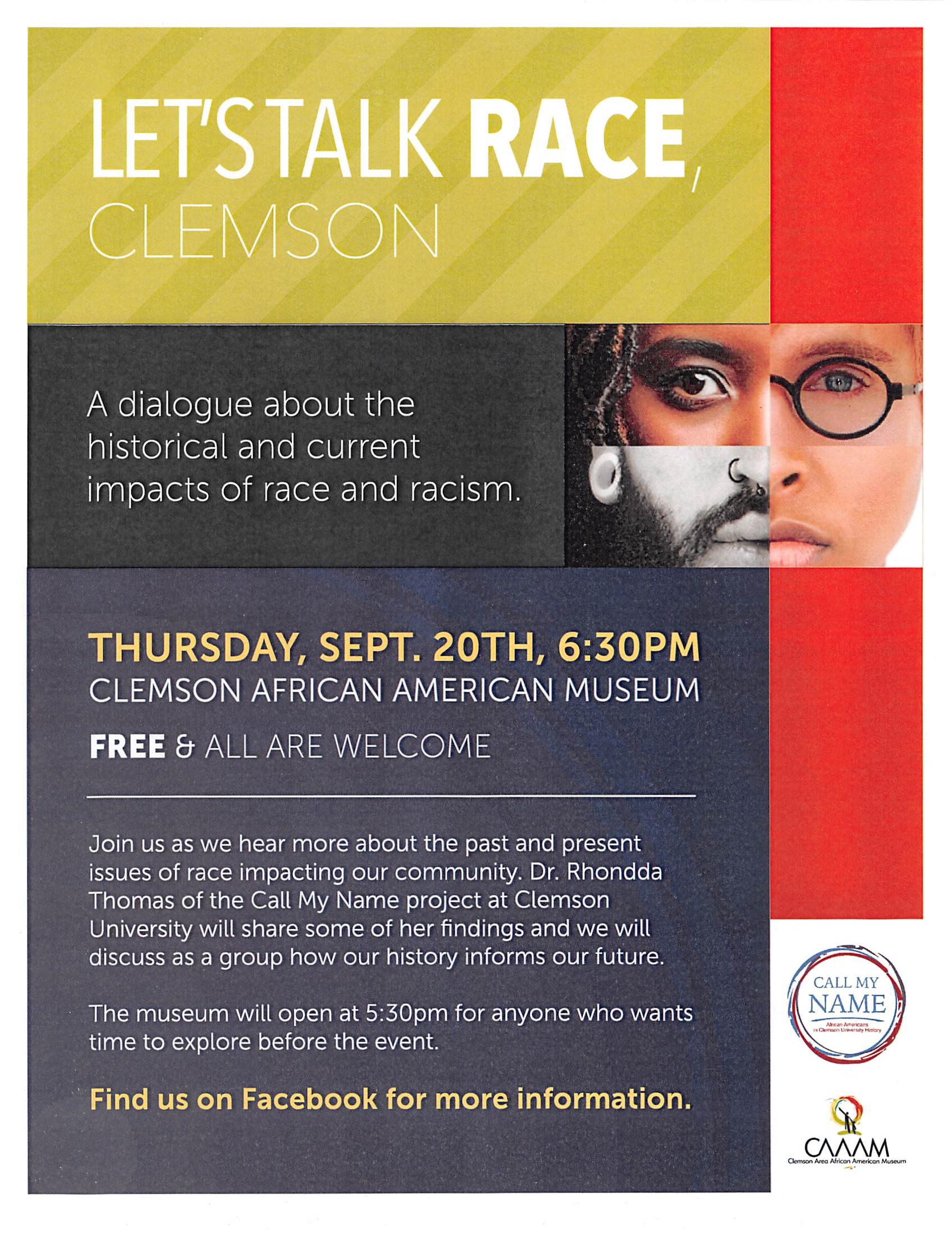 CAAAM's Let's Talk Race, Clemson September 20th at 6:30pm