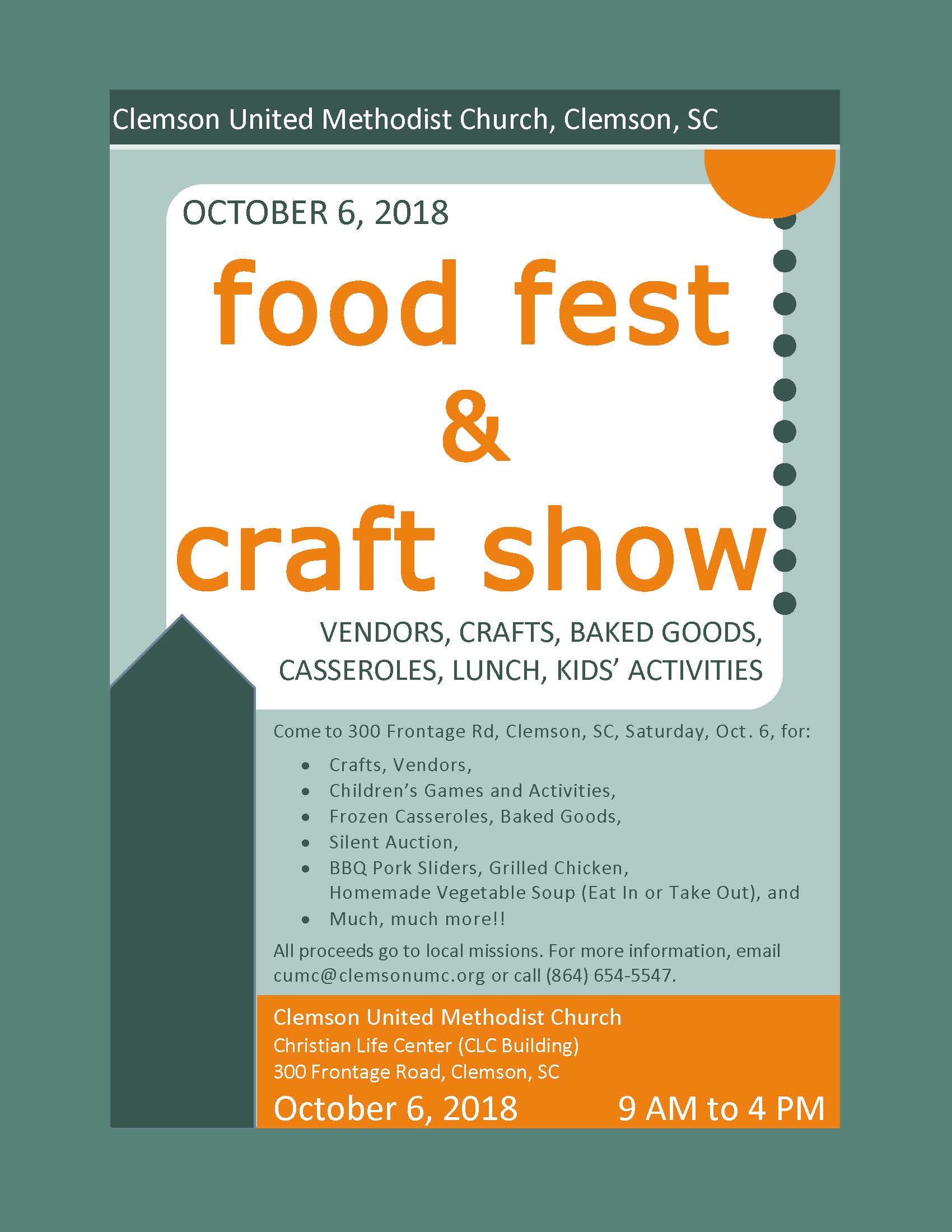 food fest and craft show saturday, october 6th, 9am to 4pm at Clemson United Methodist