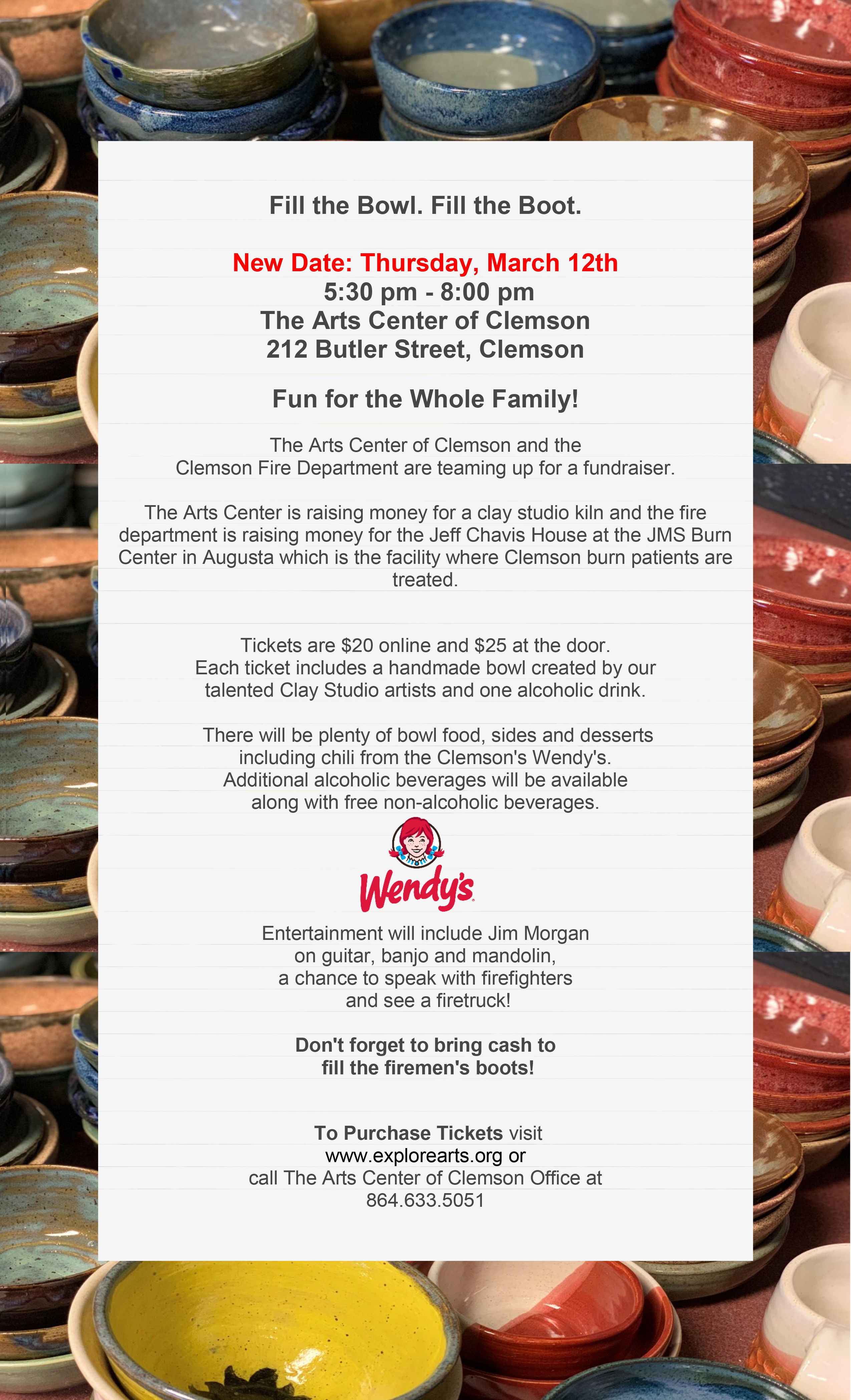 Fill the Bowl, Fill the Boot Fundraiser March 12th at the Arts Center of Clemson