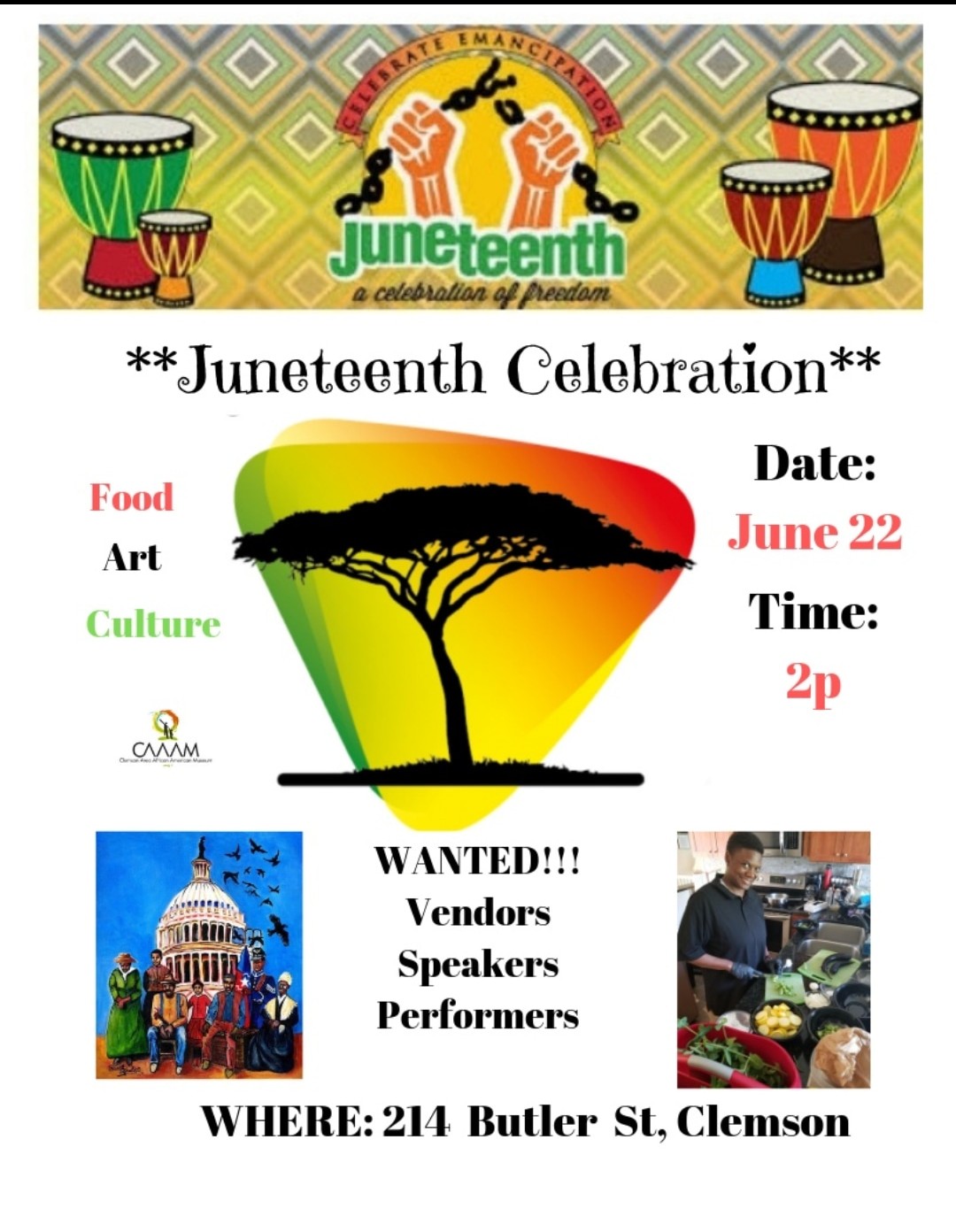 CAAAM's Juneteeth Celebration June 22, 2pm, 214 Butler St