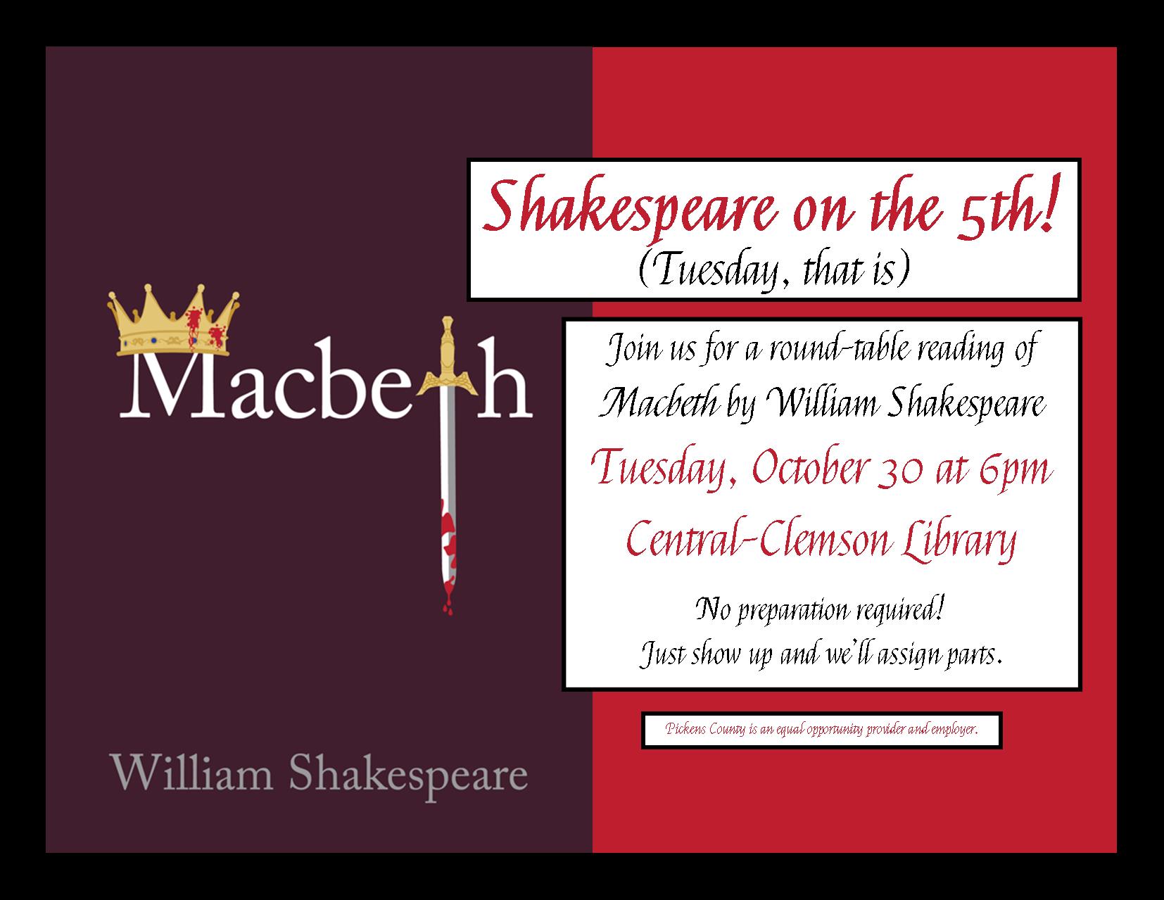 Macbeth Round Table Reading October 30th at 6pm at Central-Clemson Library