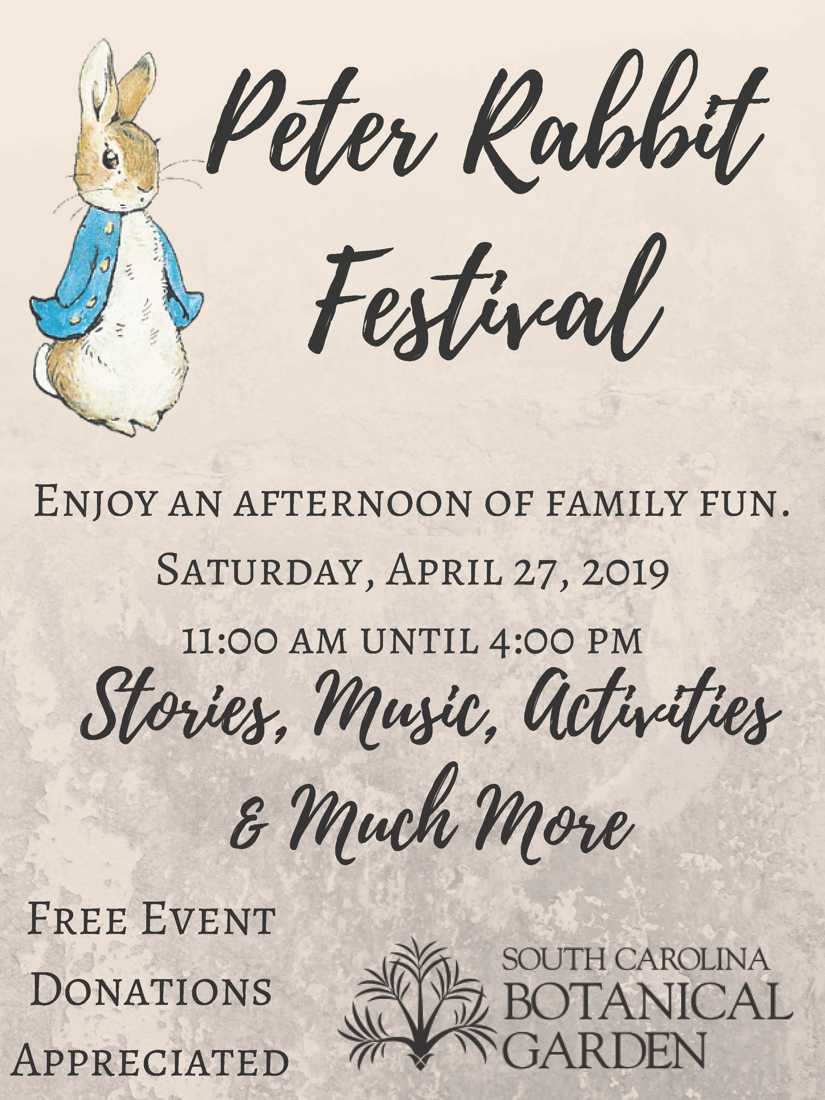 Peter Rabbit Festival April 27th, 11am to 4pm, SC Botanical Gardens