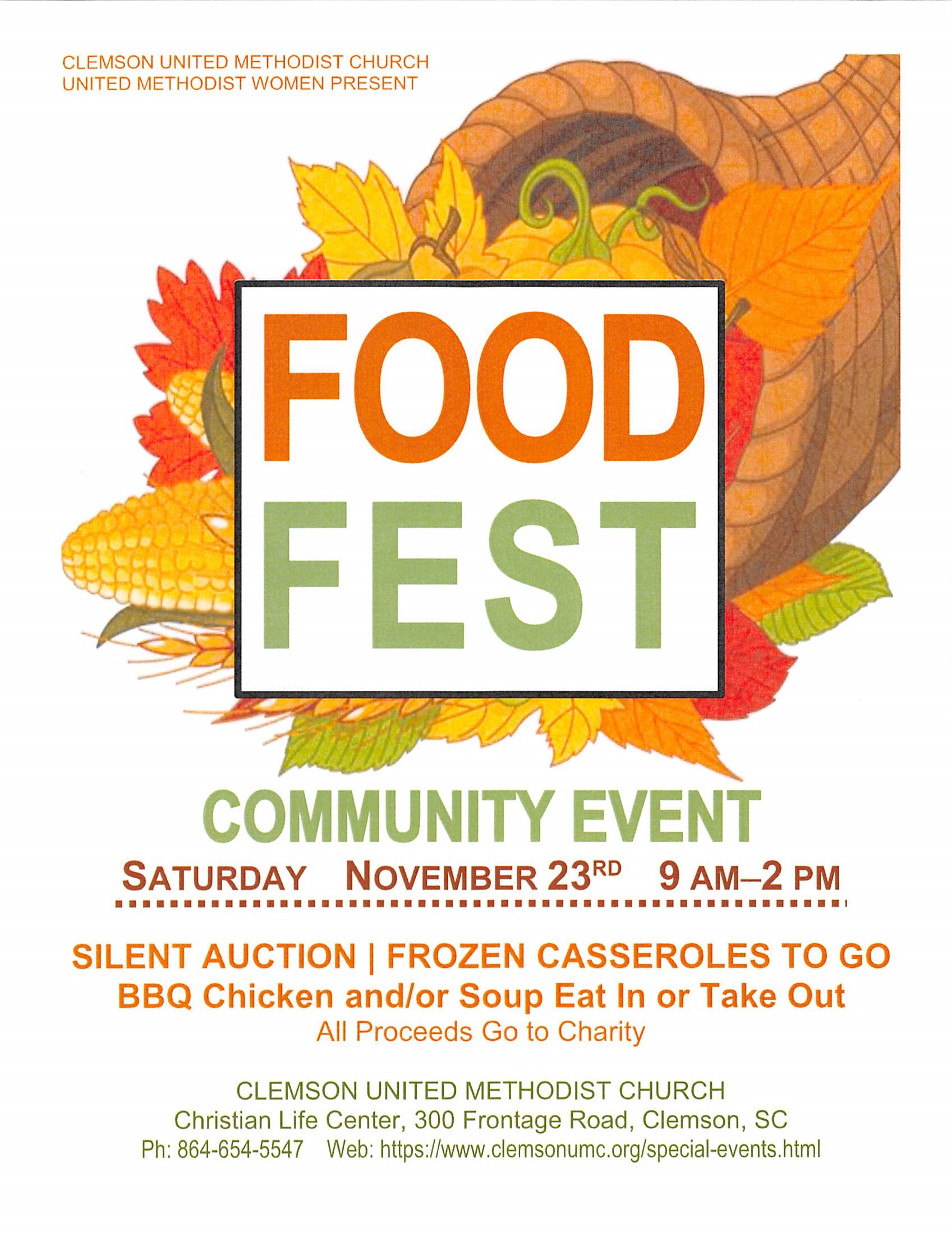 Food Fest November 23, 2019 9am to 2pm Clemson United Methodist Church