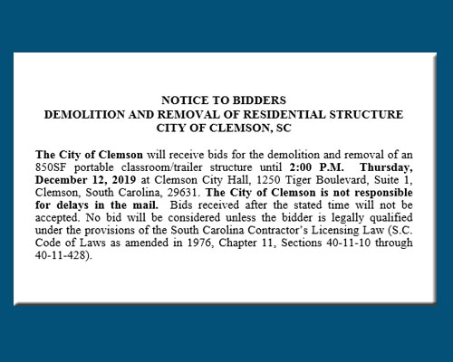 NOTICE TO BIDDERS: DEMOLITION AND REMOVAL OF RESIDENTIAL STRUCTURE